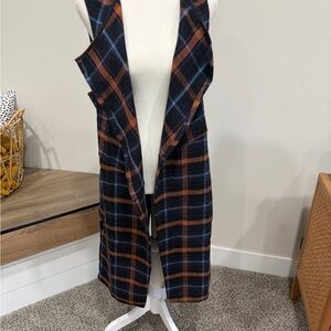 FAVLUX Plaid Open-Front Vest in Black, Orange, and Blue
